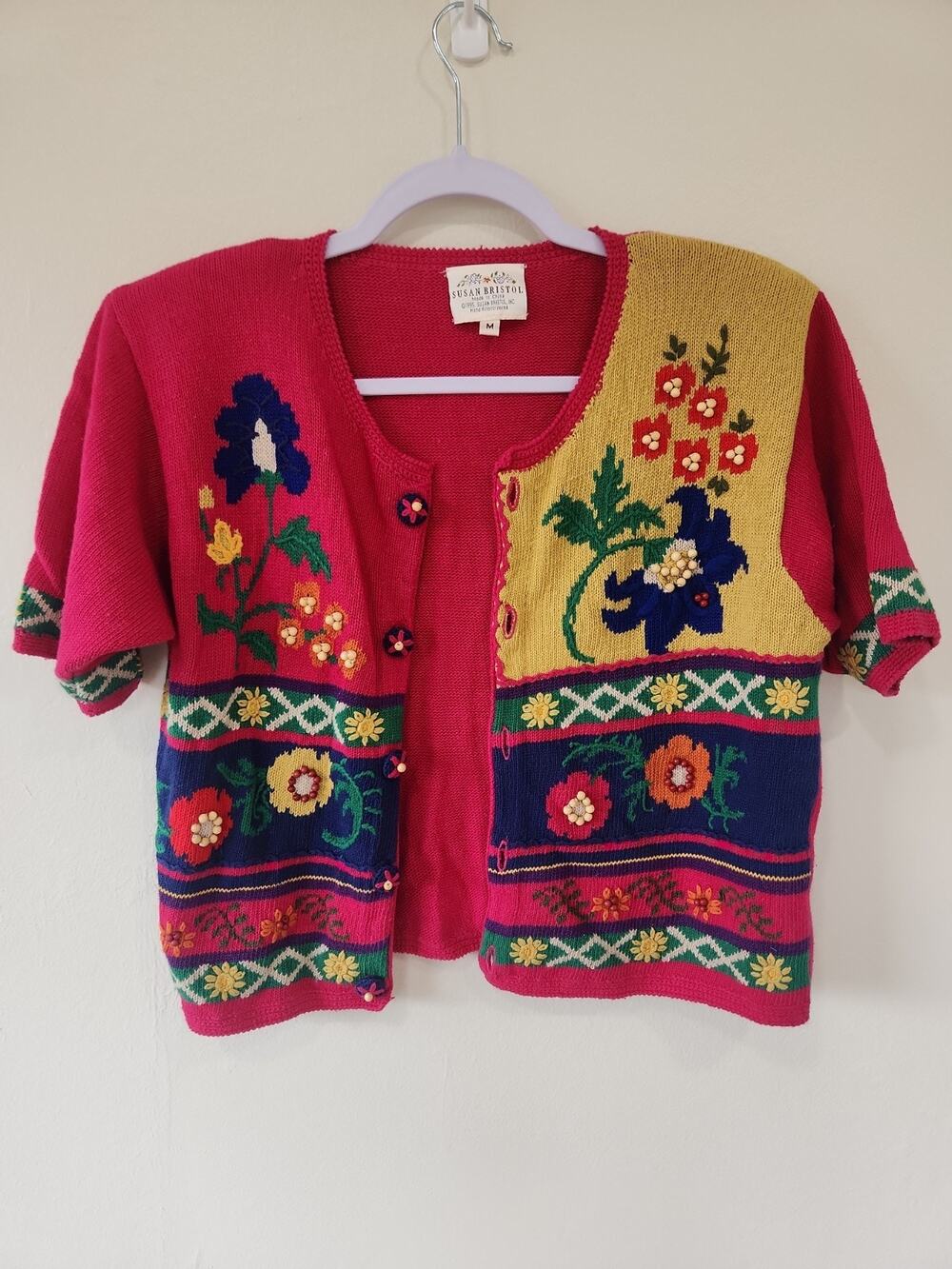 Susan Bristol Floral Patchwork Embroidered Cardigan Sweater Cottagecore Womens M